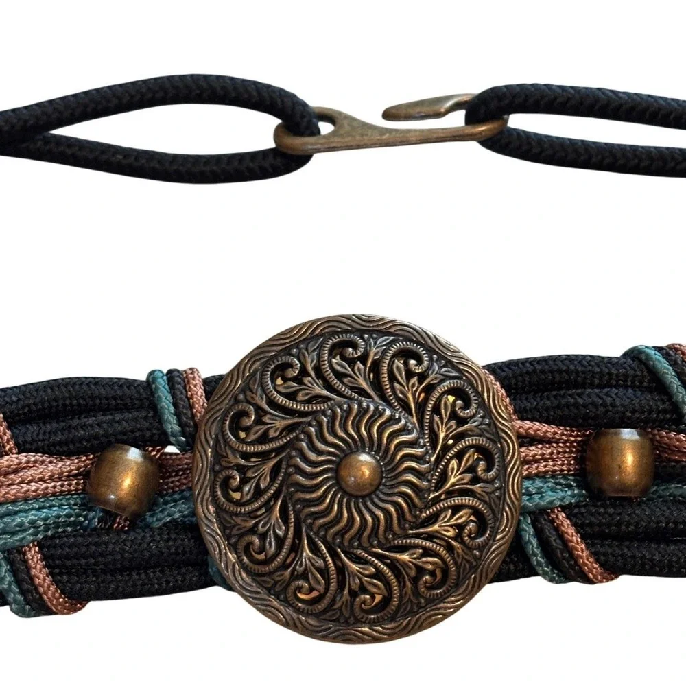 70s Braided‎ Cord Belt Womens Black Leather Shop Ornate Medallion Hook Vintage